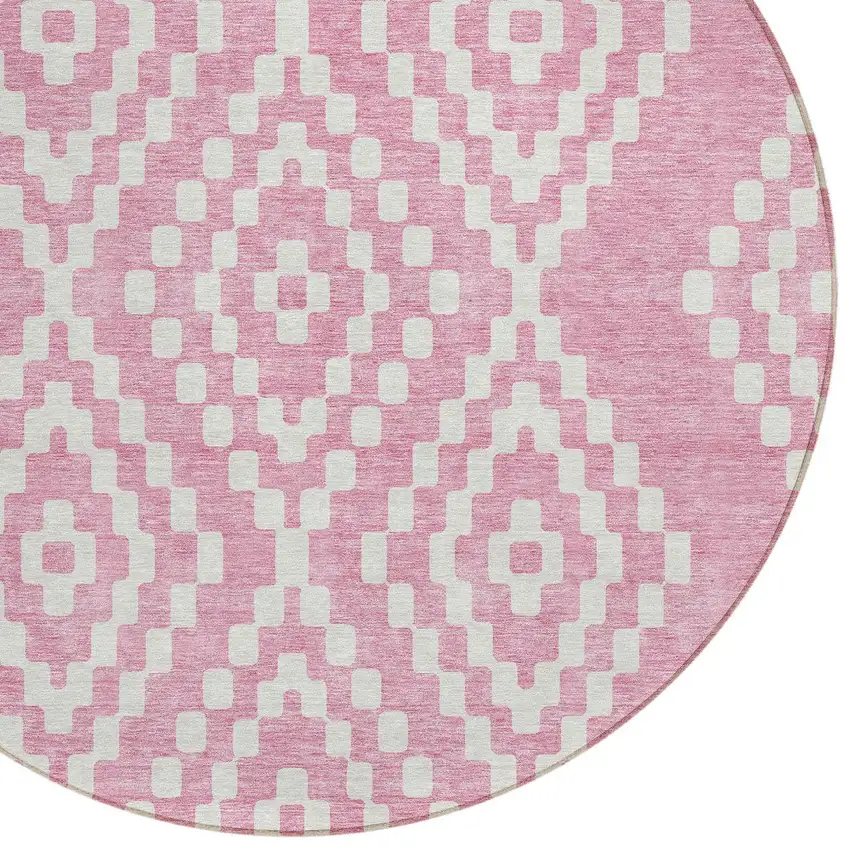 8' Pink And Ivory Round Geometric Washable Indoor Outdoor Area Rug Photo 5