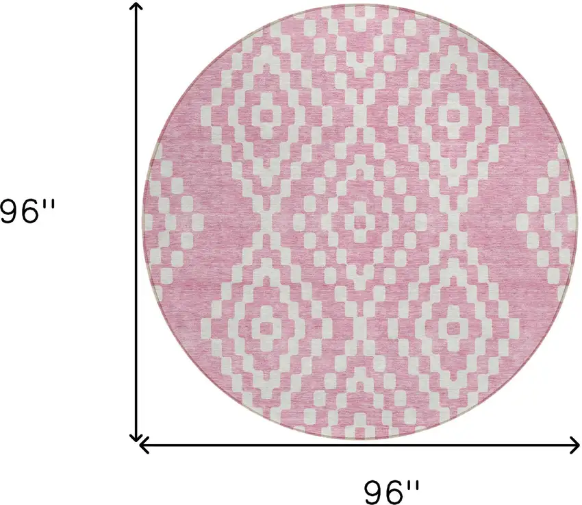 8' Pink And Ivory Round Geometric Washable Indoor Outdoor Area Rug Photo 3