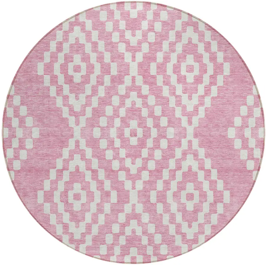 8' Pink And Ivory Round Geometric Washable Indoor Outdoor Area Rug Photo 2