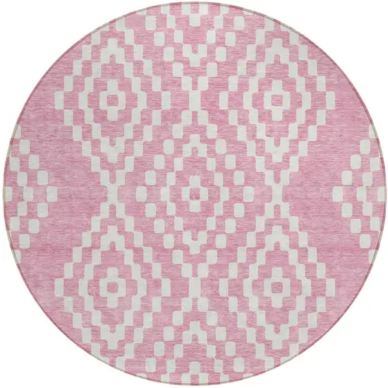 8' Pink And Ivory Round Geometric Washable Indoor Outdoor Area Rug Photo 2