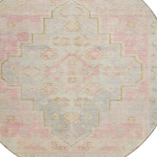 8' Pink And Ivory Round Medallion Washable Indoor Outdoor Area Rug Photo 4