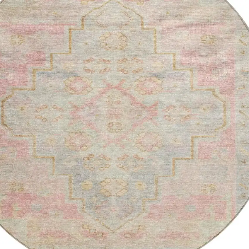 8' Pink And Ivory Round Medallion Washable Indoor Outdoor Area Rug Photo 4