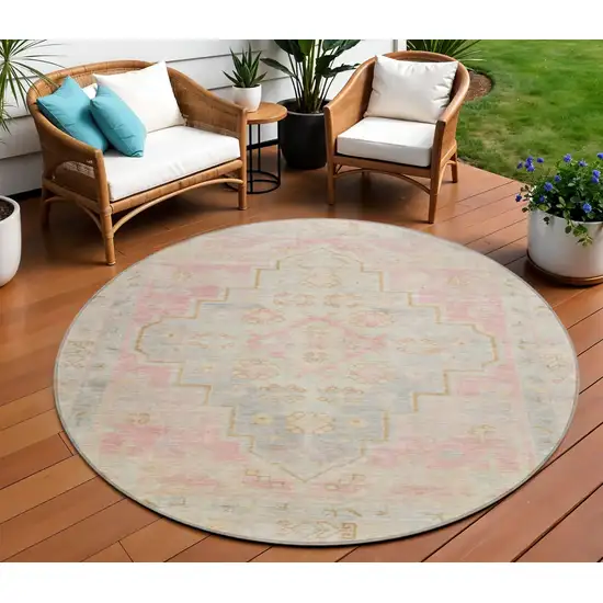 8' Pink And Ivory Round Medallion Washable Indoor Outdoor Area Rug Photo 2