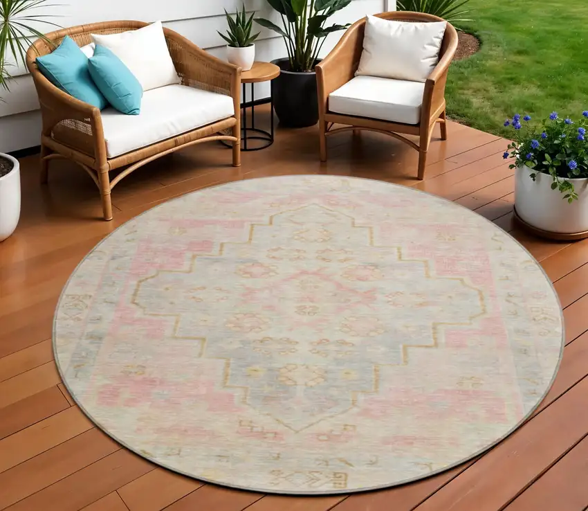 8' Pink And Ivory Round Medallion Washable Indoor Outdoor Area Rug Photo 2