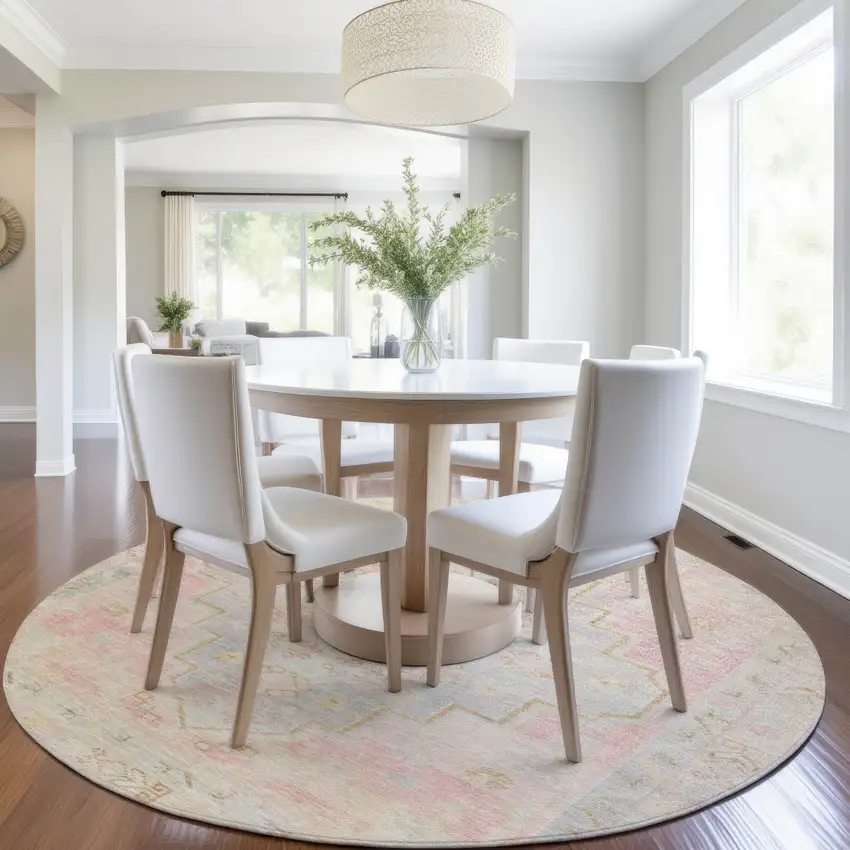 8' Pink And Ivory Round Medallion Washable Indoor Outdoor Area Rug Photo 7