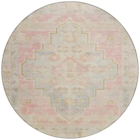 8' Pink And Ivory Round Medallion Washable Indoor Outdoor Area Rug Photo 3