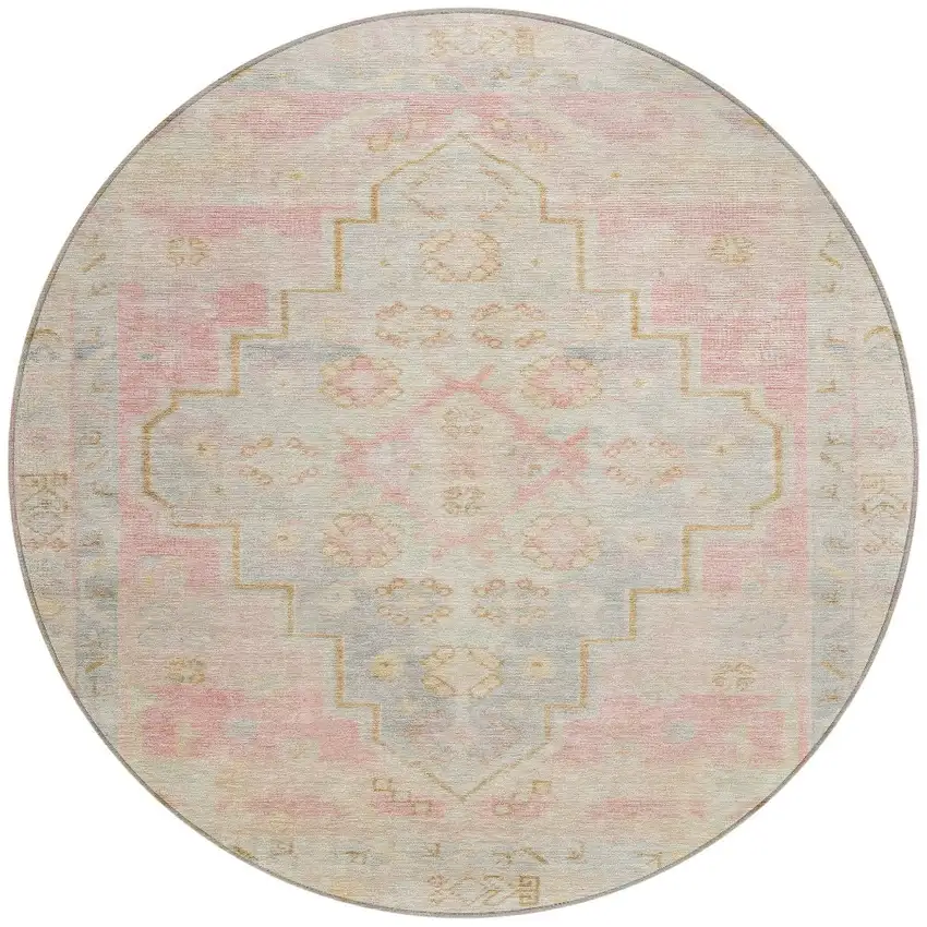 8' Pink And Ivory Round Medallion Washable Indoor Outdoor Area Rug Photo 3