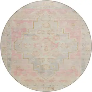 Photo of 8' Pink And Ivory Round Medallion Washable Indoor Outdoor Area Rug