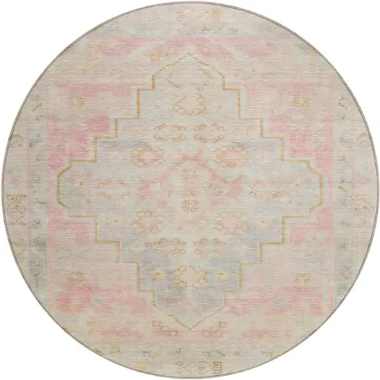 8' Pink And Ivory Round Medallion Washable Indoor Outdoor Area Rug Photo 1