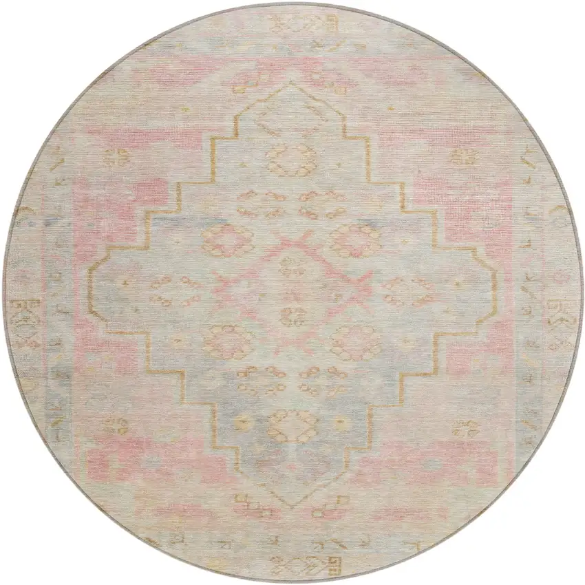 8' Pink And Ivory Round Medallion Washable Indoor Outdoor Area Rug Photo 1