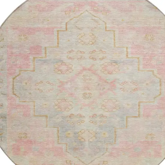8' Pink And Ivory Round Medallion Washable Indoor Outdoor Area Rug Photo 9