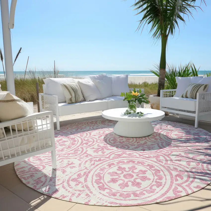 8' Pink And Ivory Round Medallion Washable Indoor Outdoor Area Rug Photo 4