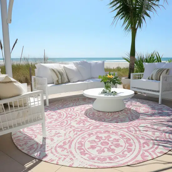 8' Pink And Ivory Round Medallion Washable Indoor Outdoor Area Rug Photo 4