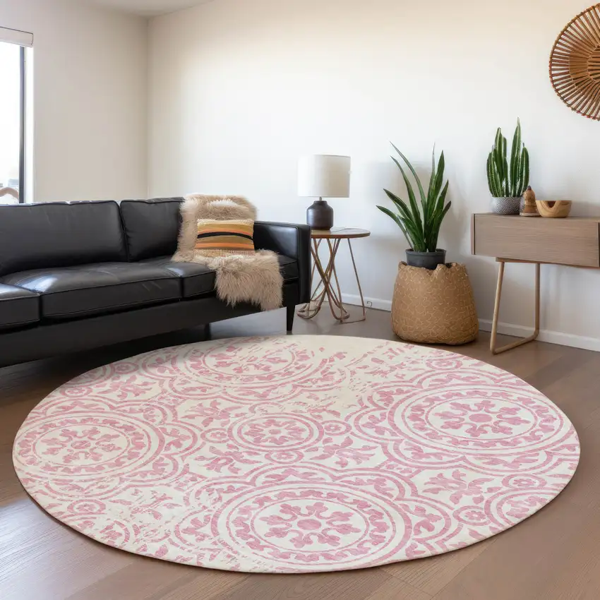 8' Pink And Ivory Round Medallion Washable Indoor Outdoor Area Rug Photo 5