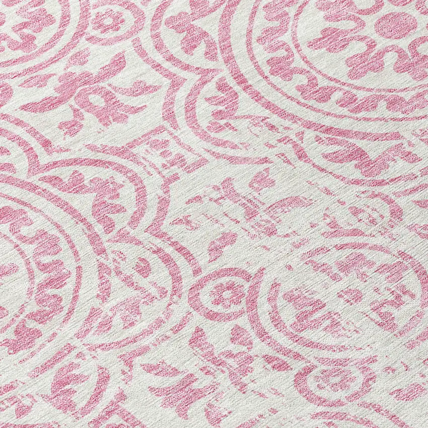 8' Pink And Ivory Round Medallion Washable Indoor Outdoor Area Rug Photo 7