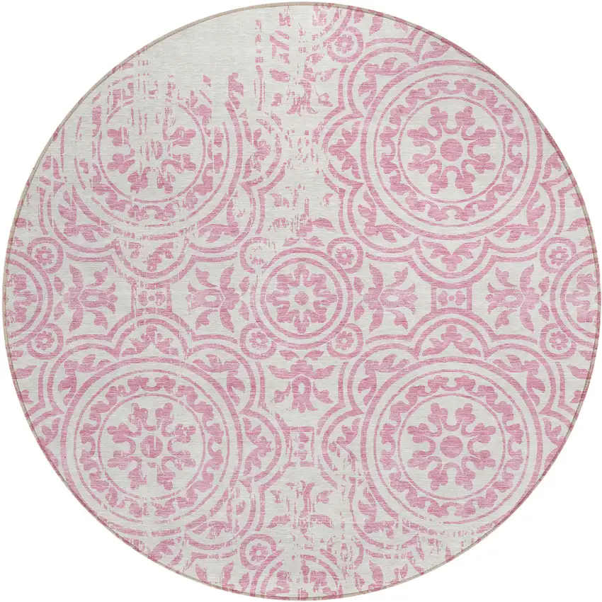 8' Pink And Ivory Round Medallion Washable Indoor Outdoor Area Rug Photo 1