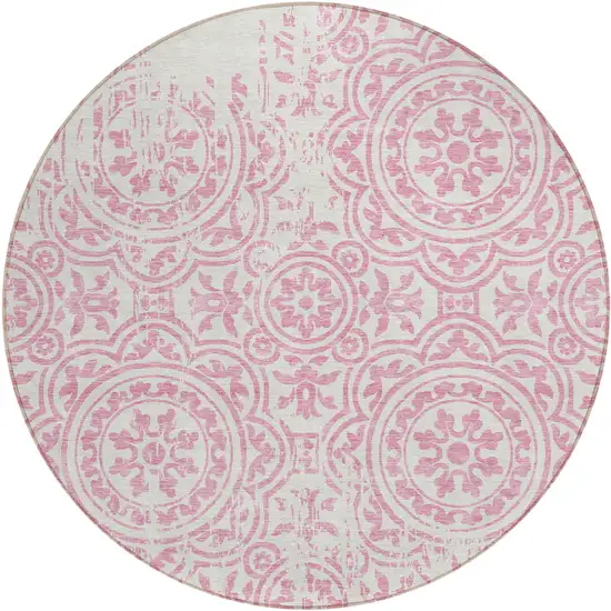 8' Pink And Ivory Round Medallion Washable Indoor Outdoor Area Rug Photo 1
