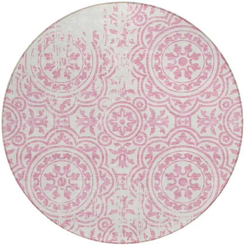 8' Pink And Ivory Round Medallion Washable Indoor Outdoor Area Rug Photo 1