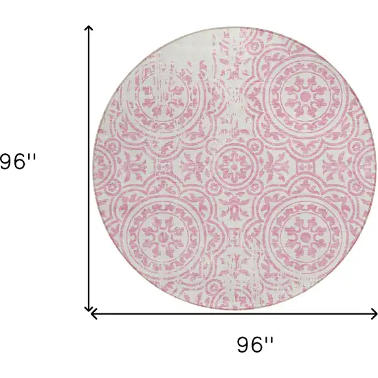 8' Pink And Ivory Round Medallion Washable Indoor Outdoor Area Rug Photo 6
