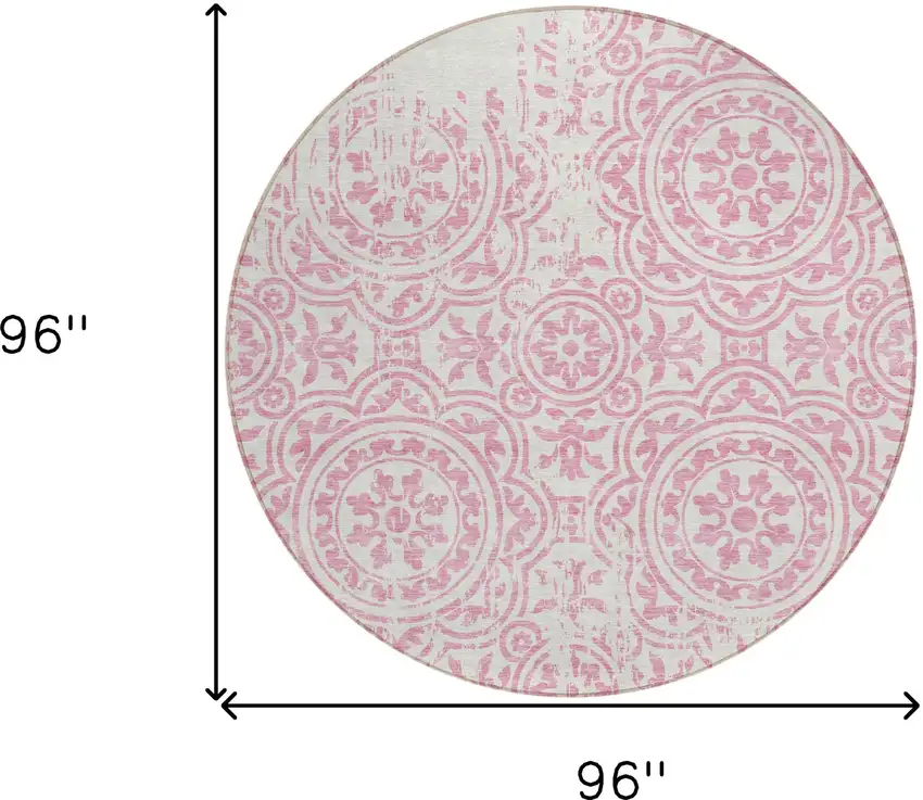 8' Pink And Ivory Round Medallion Washable Indoor Outdoor Area Rug Photo 6