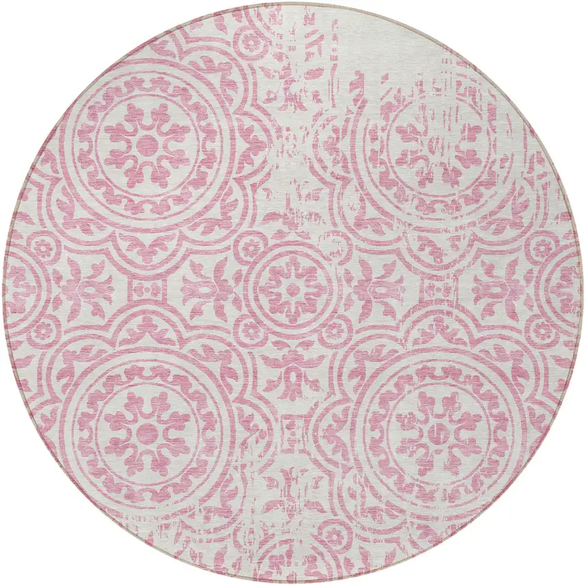 8' Pink And Ivory Round Medallion Washable Indoor Outdoor Area Rug Photo 3