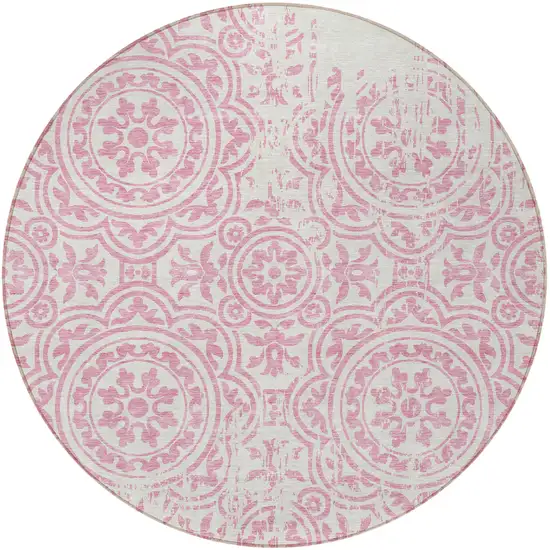 8' Pink And Ivory Round Medallion Washable Indoor Outdoor Area Rug Photo 3