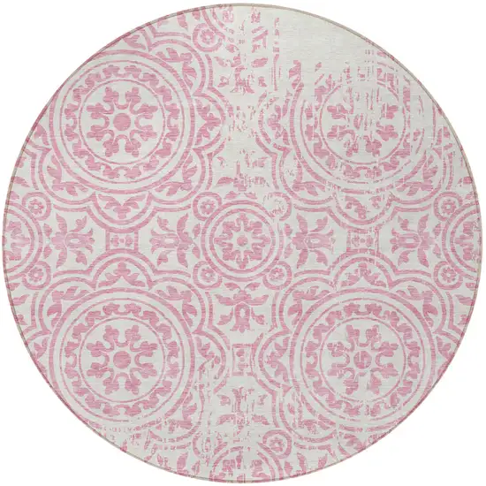8' Pink And Ivory Round Medallion Washable Indoor Outdoor Area Rug Photo 3
