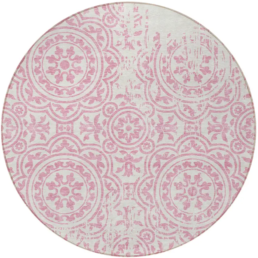 8' Pink And Ivory Round Medallion Washable Indoor Outdoor Area Rug Photo 3
