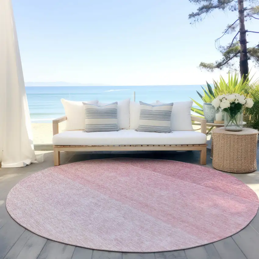 8' Pink And Ivory Round Ombre Washable Indoor Outdoor Area Rug Photo 6