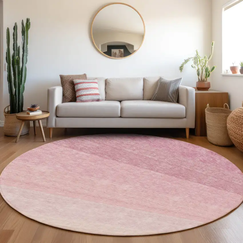 8' Pink And Ivory Round Ombre Washable Indoor Outdoor Area Rug Photo 7