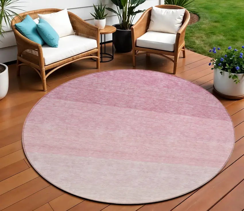 8' Pink And Ivory Round Ombre Washable Indoor Outdoor Area Rug Photo 1