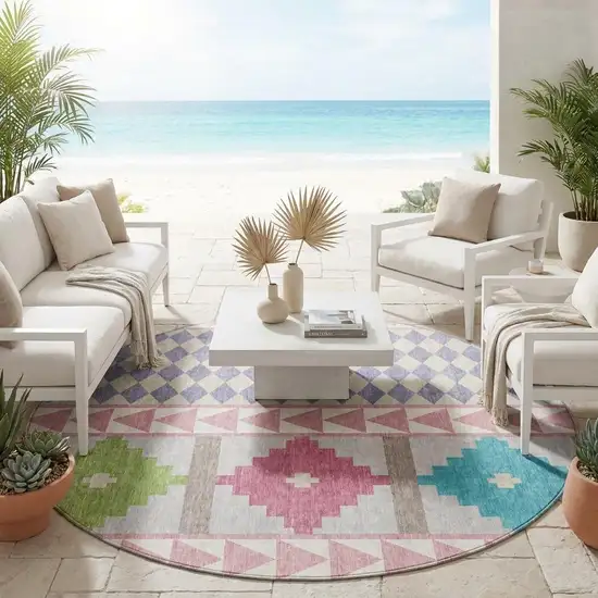 8' Pink And Ivory Round Southwestern Washable Indoor Outdoor Area Rug Photo 1