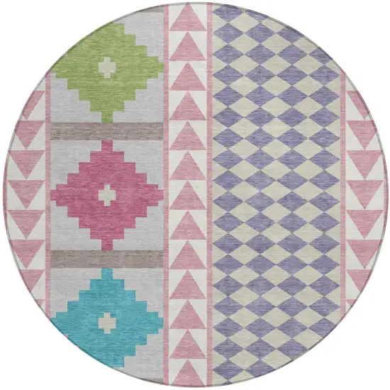8' Pink And Ivory Round Southwestern Washable Indoor Outdoor Area Rug Photo 2