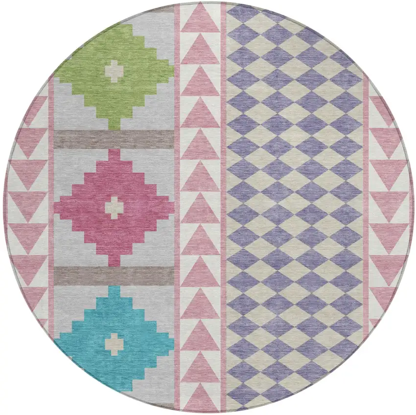 8' Pink And Ivory Round Southwestern Washable Indoor Outdoor Area Rug Photo 2