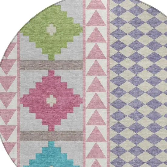 8' Pink And Ivory Round Southwestern Washable Indoor Outdoor Area Rug Photo 3