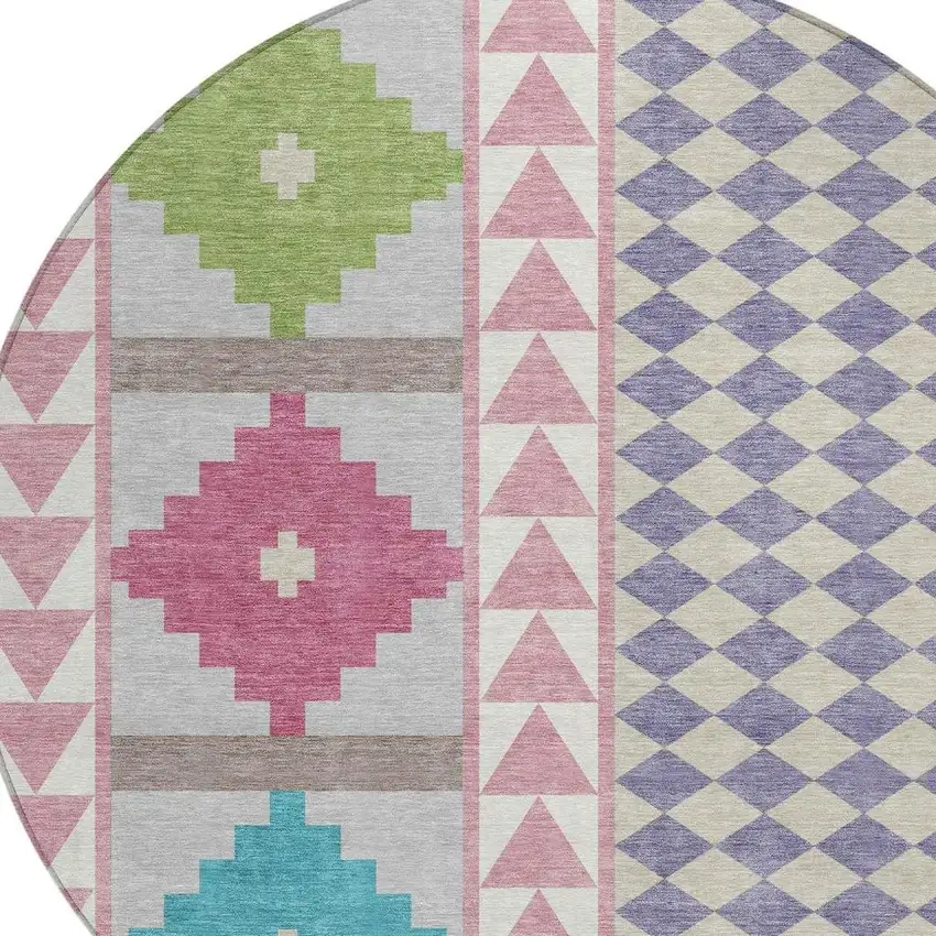 8' Pink And Ivory Round Southwestern Washable Indoor Outdoor Area Rug Photo 3