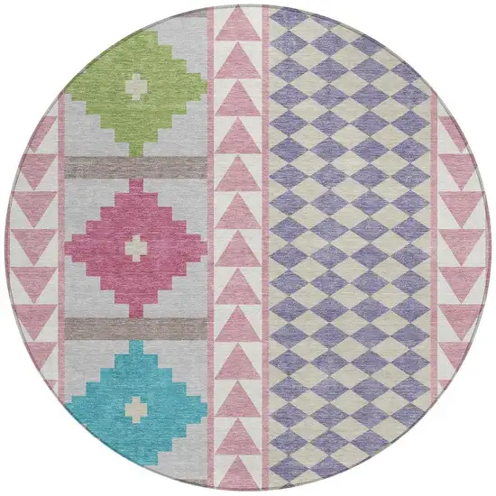 8' Pink And Ivory Round Southwestern Washable Indoor Outdoor Area Rug Photo 4