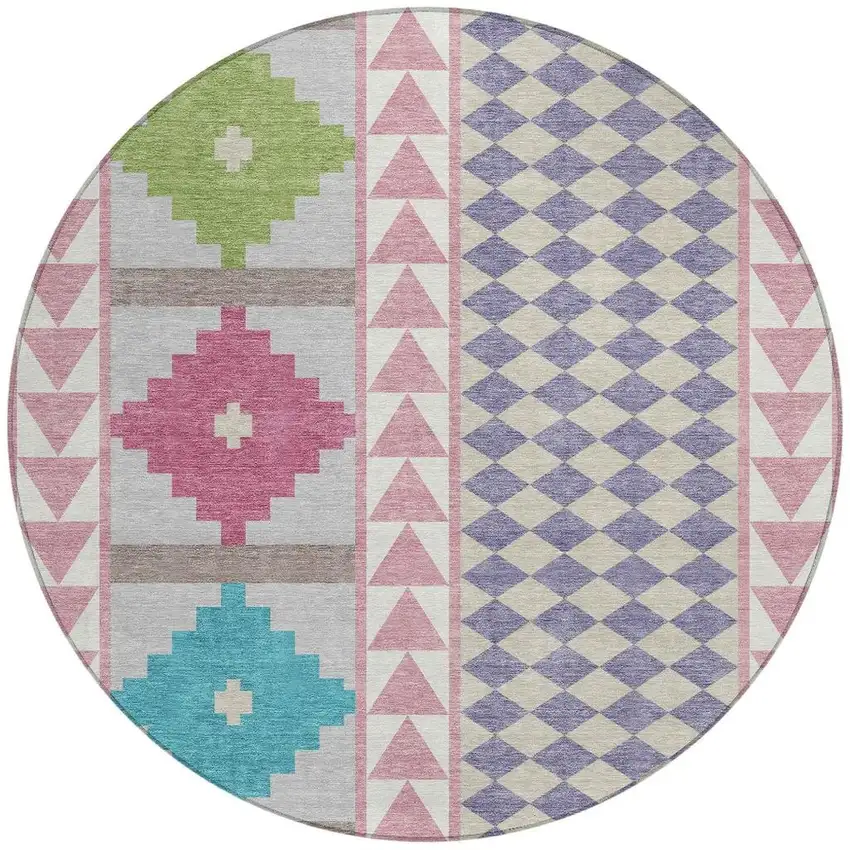 8' Pink And Ivory Round Southwestern Washable Indoor Outdoor Area Rug Photo 4