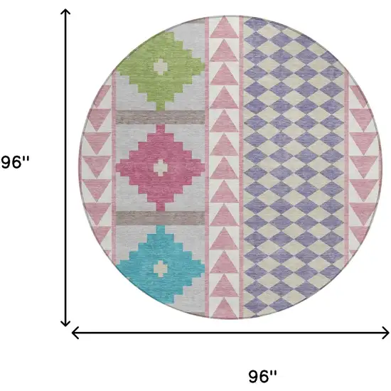 8' Pink And Ivory Round Southwestern Washable Indoor Outdoor Area Rug Photo 7