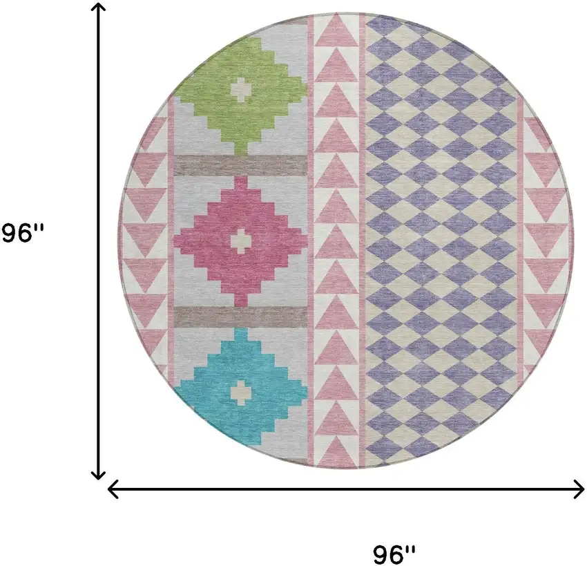 8' Pink And Ivory Round Southwestern Washable Indoor Outdoor Area Rug Photo 7