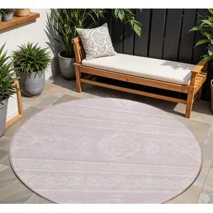 Photo of 8' Pink And Ivory Round Southwestern Washable Indoor Outdoor Area Rug