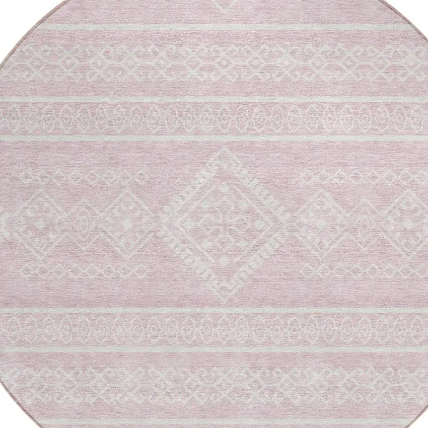 8' Pink And Ivory Round Southwestern Washable Indoor Outdoor Area Rug Photo 4