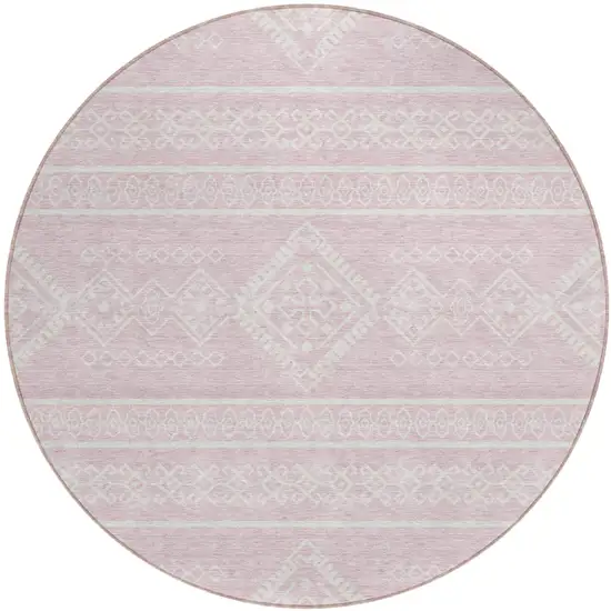 8' Pink And Ivory Round Southwestern Washable Indoor Outdoor Area Rug Photo 2