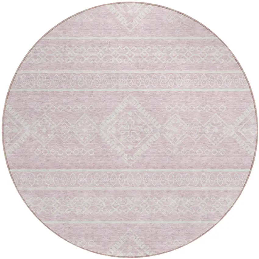 8' Pink And Ivory Round Southwestern Washable Indoor Outdoor Area Rug Photo 2