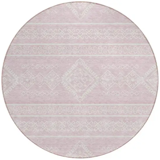 8' Pink And Ivory Round Southwestern Washable Indoor Outdoor Area Rug Photo 5