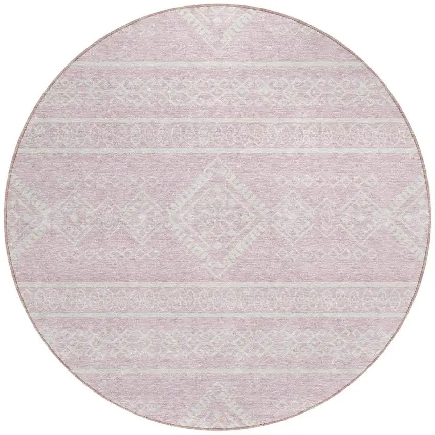 8' Pink And Ivory Round Southwestern Washable Indoor Outdoor Area Rug Photo 5