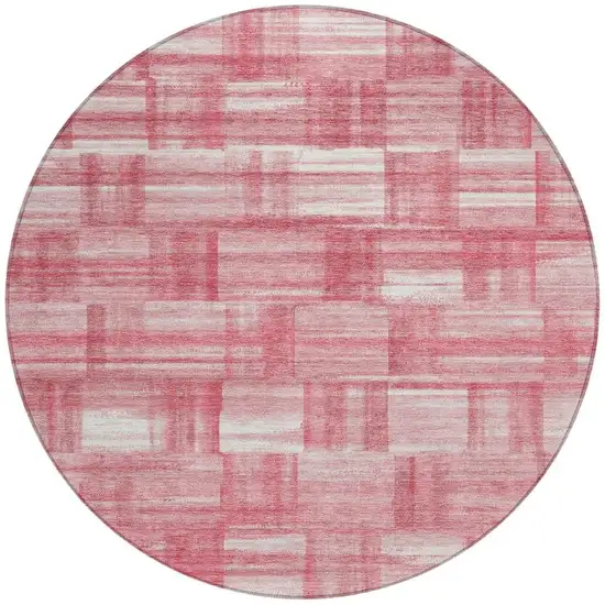8' Pink And Ivory Round Striped Washable Indoor Outdoor Area Rug Photo 4