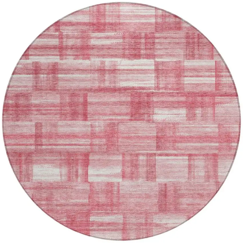 8' Pink And Ivory Round Striped Washable Indoor Outdoor Area Rug Photo 4