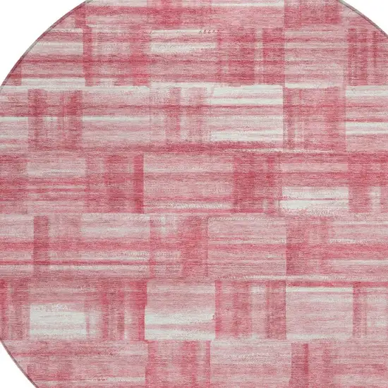 8' Pink And Ivory Round Striped Washable Indoor Outdoor Area Rug Photo 3