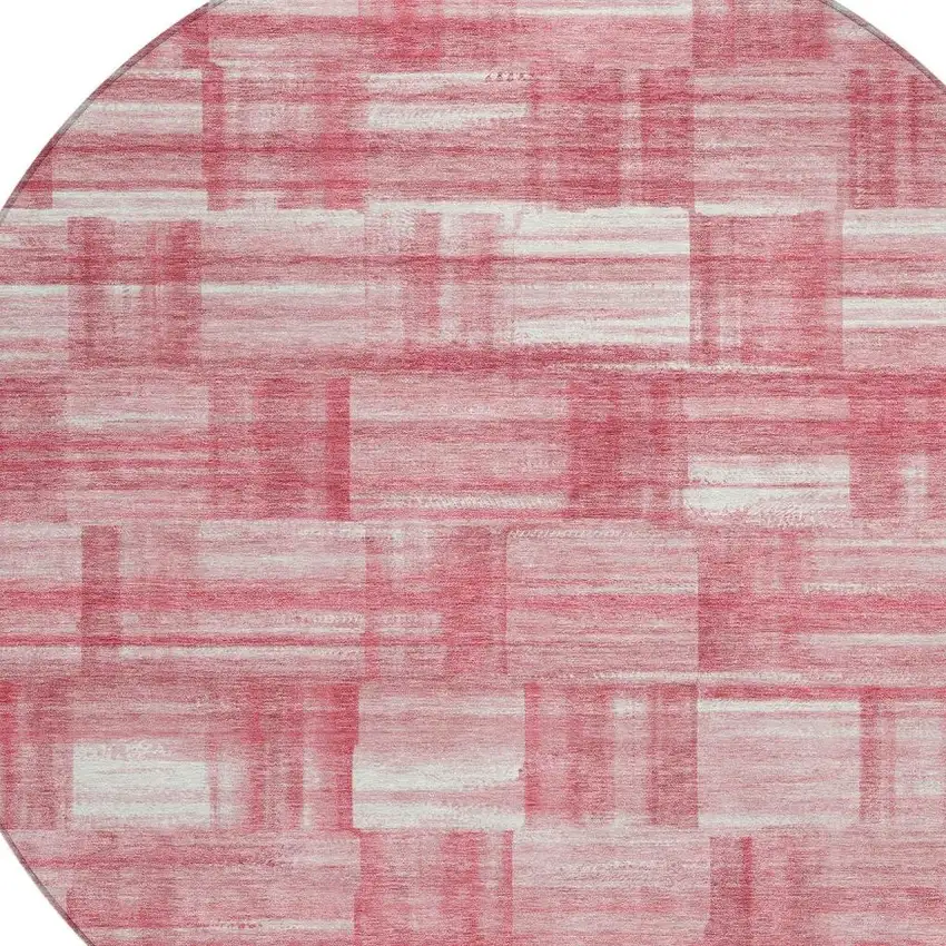 8' Pink And Ivory Round Striped Washable Indoor Outdoor Area Rug Photo 3